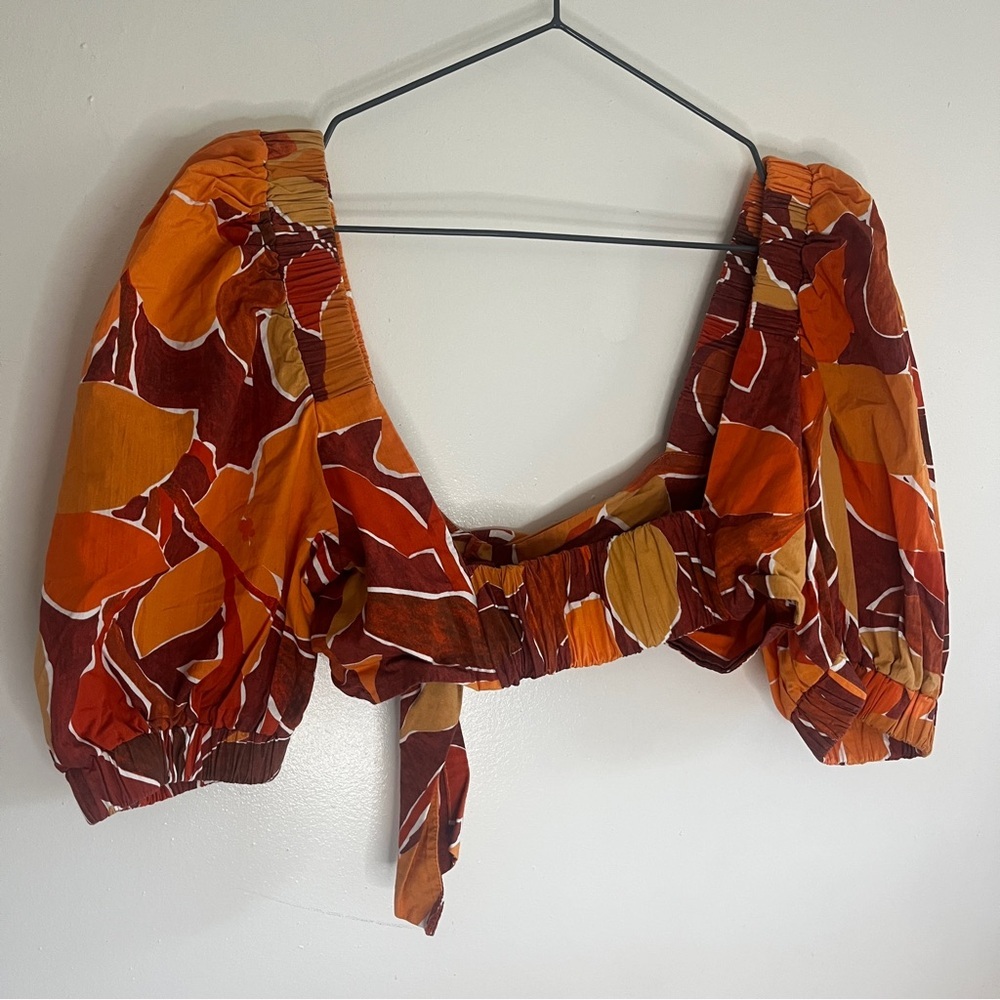 Zara Orange Short Puff Sleeve Tropical Vacation Floral Crop Top Blouse - Picture 6 of 7